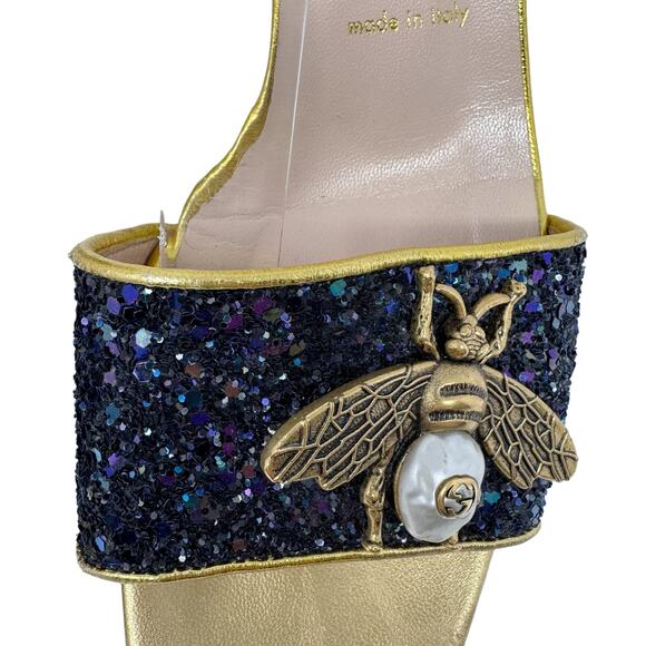 GUCCI Soko Bee Blue Glitter Platform Heels Gold
Trim Ankle Strap Size 38.5 - Picture 5 of 16